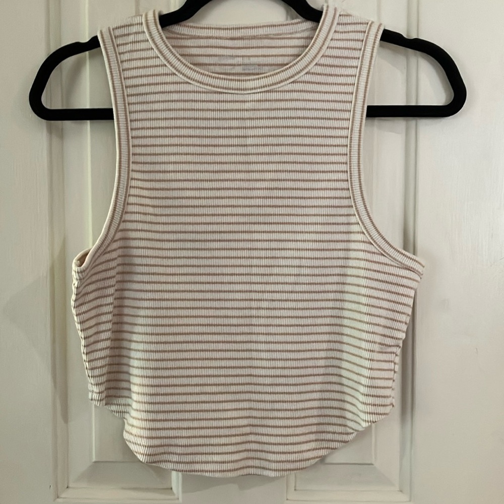 Aerie XL Crop High Neck Tank Top with Front Curved Hem Striped Cream & Tan